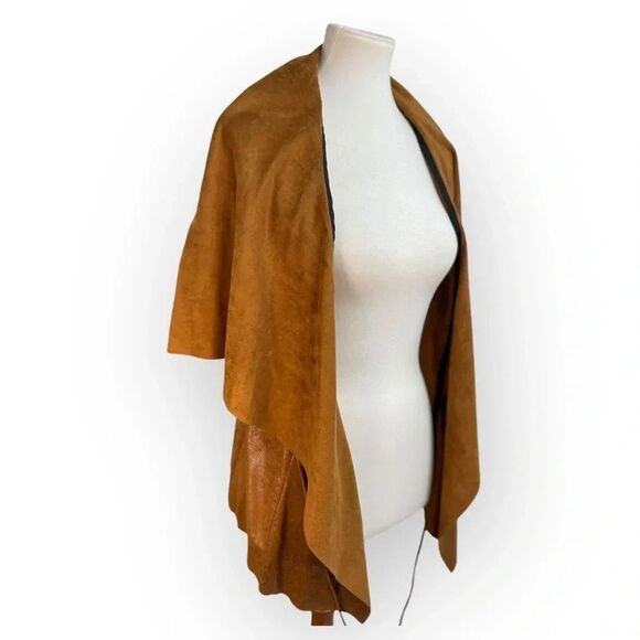 Comme USA Faux Suede Leather Vest, small. Belt tie wrap waterfall cowl brown tan - Picture 3 of 12